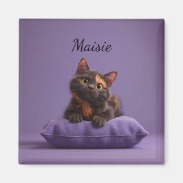 Tecknad Tortoiseshell Kitten på Lila Cushion Magnet