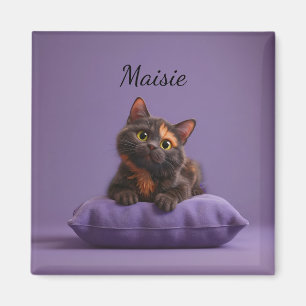 Tecknad Tortoiseshell Kitten på Lila Cushion Magnet