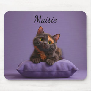 Tecknad Tortoiseshell Kitten på Lila Cushion Musmatta