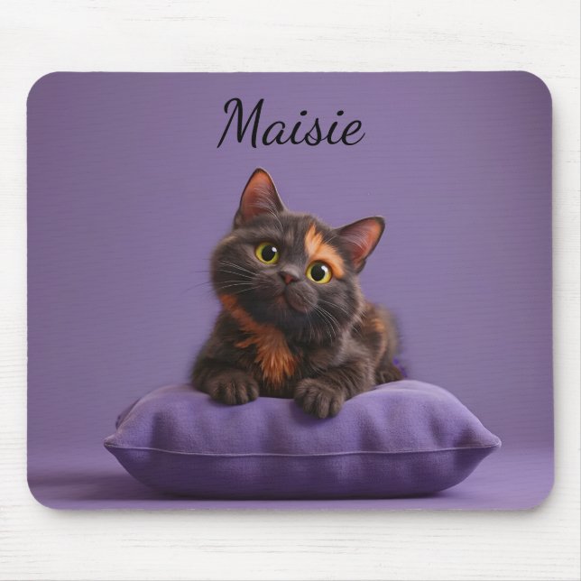 Tecknad Tortoiseshell Kitten på Lila Cushion Musmatta (Framsidan)