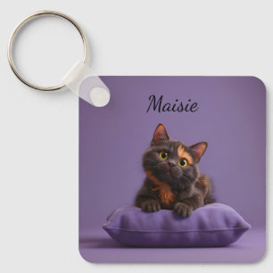 Tecknad Tortoiseshell Kitten på Lila Cushion Nyckelring