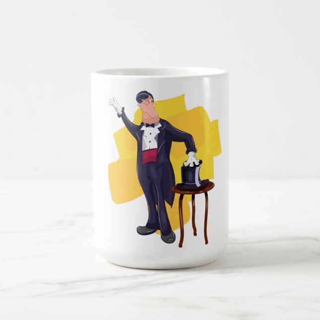 Tecknad trollkarl som utför magiskt trick på scen kaffemugg (Center)