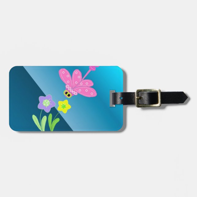 Tecknad trollslända med blommor bagagebricka (Horisontell Framsida)