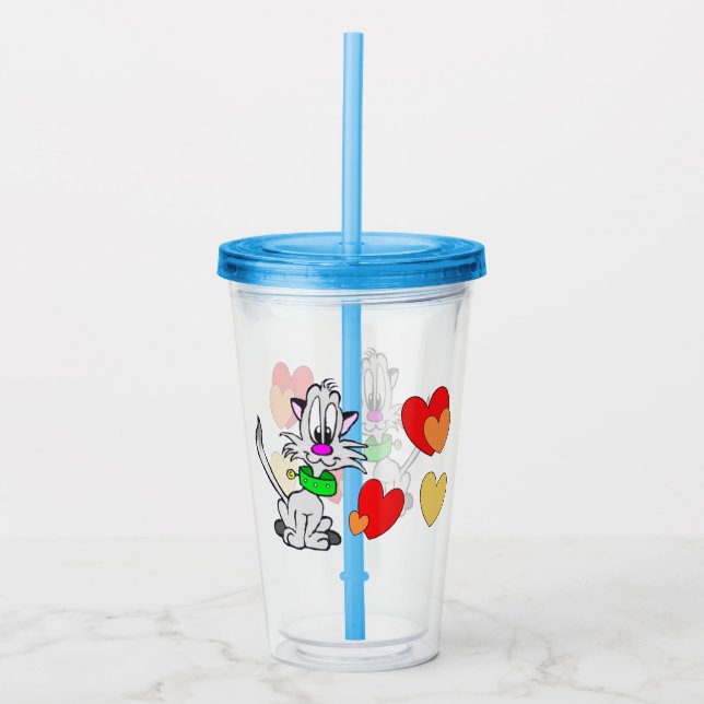 Tecknad Tumbler: Lättfärgad Grått Cat Take Away Mugg (Framsida)