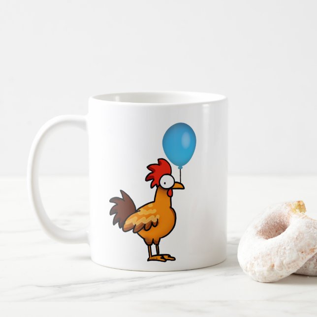 Tecknad tupp som håller blå ballong kaffemugg (Med munk)
