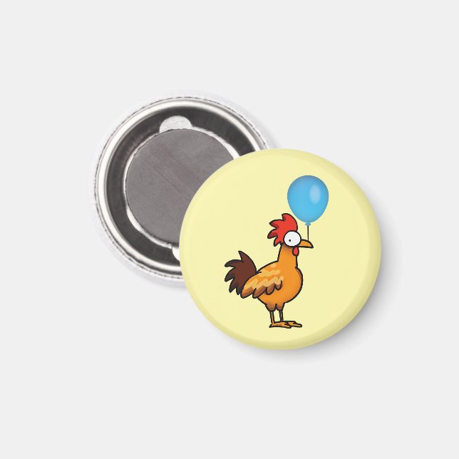 Tecknad tupp som håller blå ballong magnet (Front/Back)