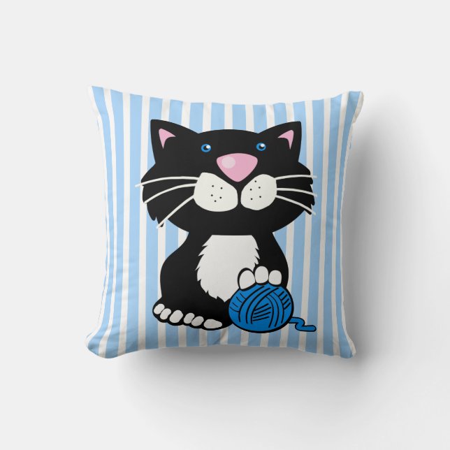 Tecknad Tuxedo Cat och Rand Dekorativ kudde (Framsida)