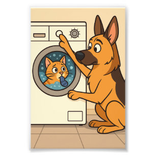 Tecknad tysk schäferhund och katt tvättkonst  fototryck