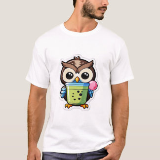 Tecknad uggla som håller en grön bubble tea med ro t shirt