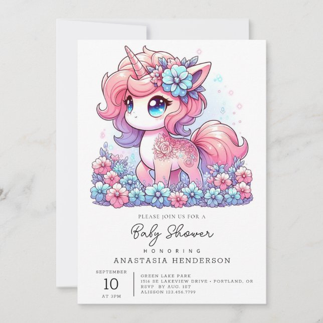 Tecknad Unicorn Baby Shower Inbjudningar (Framsida)