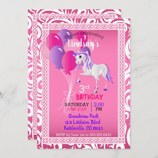 Tecknad Unicorn Birthday Inbjudningar (Fram/baksida)