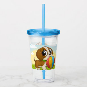 Tecknad valp som håller en färgglad boll take away mugg