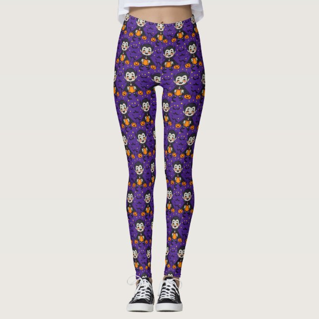 Tecknad Vampire Halloween - Pumpkins, Fladdermus Leggings (Framsida)