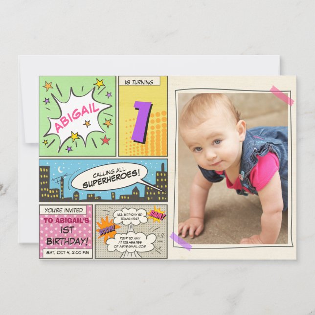 tecknad-Vintage- för superhjälte-födelsedagsinbjud Inbjudningar (Framsida)