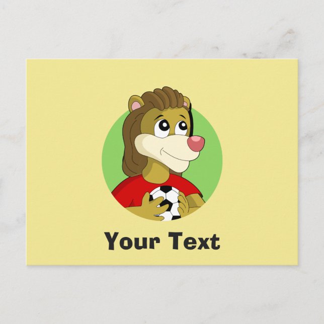 Tecknad vykort med lejon som håller en fotboll (Framsida)