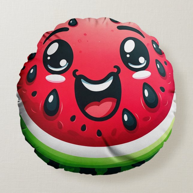 Tecknad Watermelon Segce Round Pillow - Whimsical Rund Kudde (Framsidan)