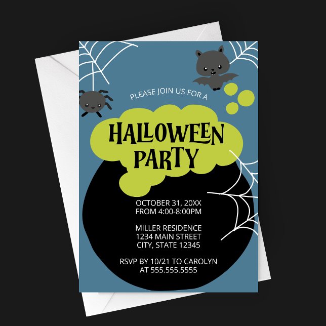 Tecknad Witch's Cauldron Barn Halloween fest Inbjudningar (Retro Witch's Cauldron Halloween Party Invitation with Cartoon Characters on Blue Background)