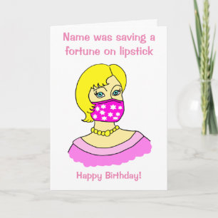 Tecknad Woman Facemask Lipstick Blonde Birthday Kort