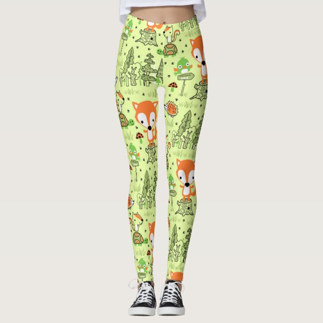 Tecknad Woodland Animals Mönster Leggings (Framsida)
