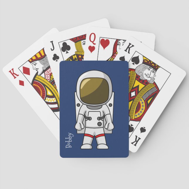Tecknadastronaut som leker kort kortlek (Baksidan)