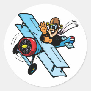 TecknadBiplane Runt Klistermärke