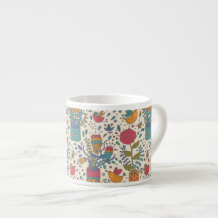 Tecknadblommönster med fåglar 2 espressomugg