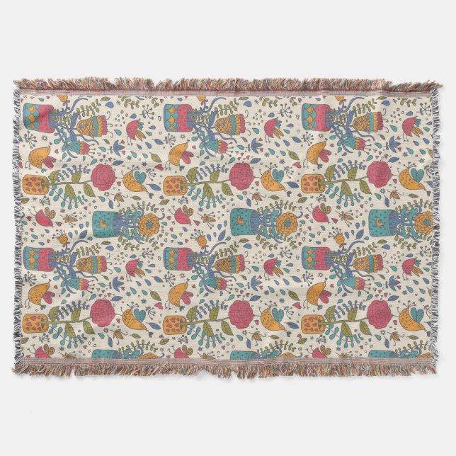 Tecknadblommönster med fåglar 2 filt (Framsidan)