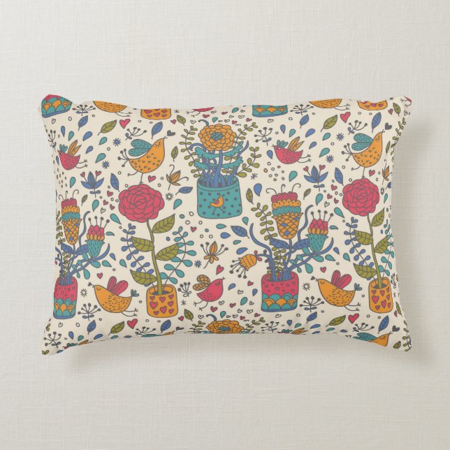 Tecknadblommönster med fåglar 2 prydnadskudde (Framsidan)