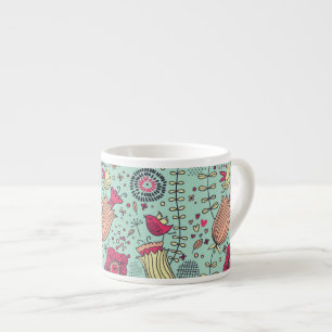 Tecknadblommönster med fåglar espressomugg