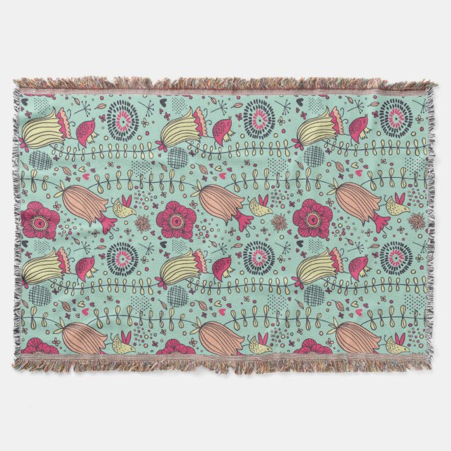 Tecknadblommönster med fåglar filt (Framsidan)