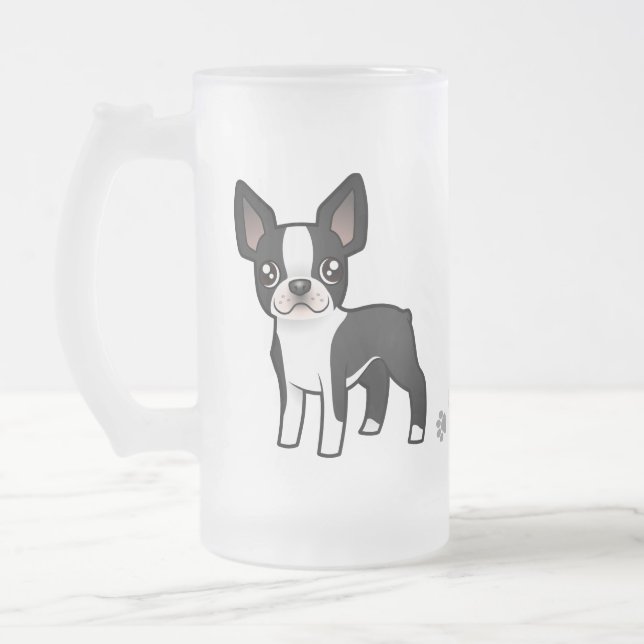 TecknadBoston Terrier Frostat Ölglas (Vänster)