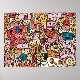 Tecknade figurer Hand plockade Toss Mönster Poster