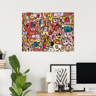 Tecknade figurer Hand plockade Toss Mönster Poster