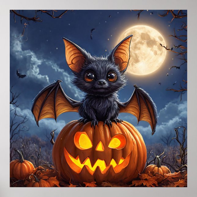 Tecknade fladdermus-pumpa Fullmåne Halloween Poster (Framsidan)