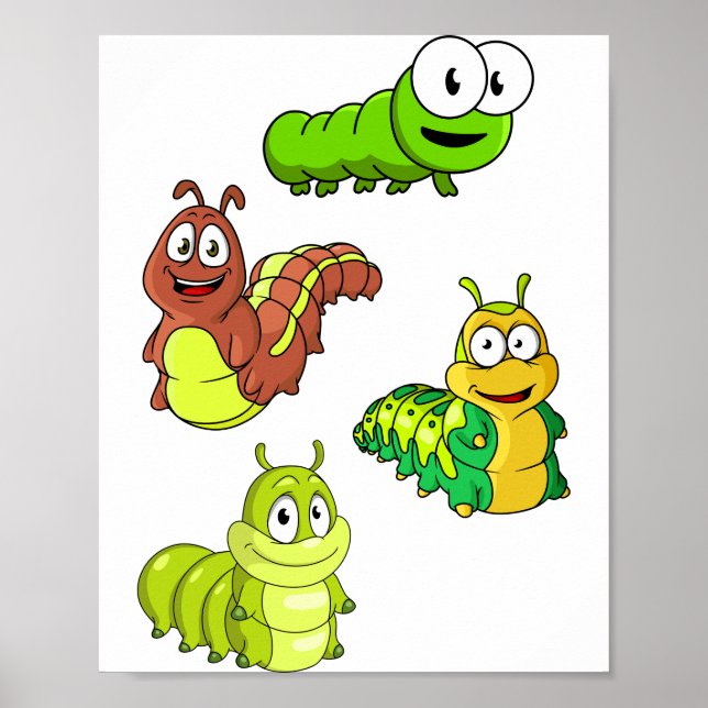 Tecknade larver gröna gula bruna poster (Framsidan)