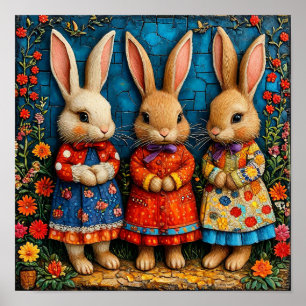 🐰 Tecknade vintage kaniner stugukonst Poster