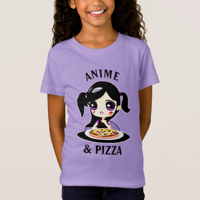 Tecknaden Anime och Pizza Black och Lila T Shirt (Framsida)