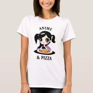 Tecknaden Anime och Pizza Black och Lila T Shirt