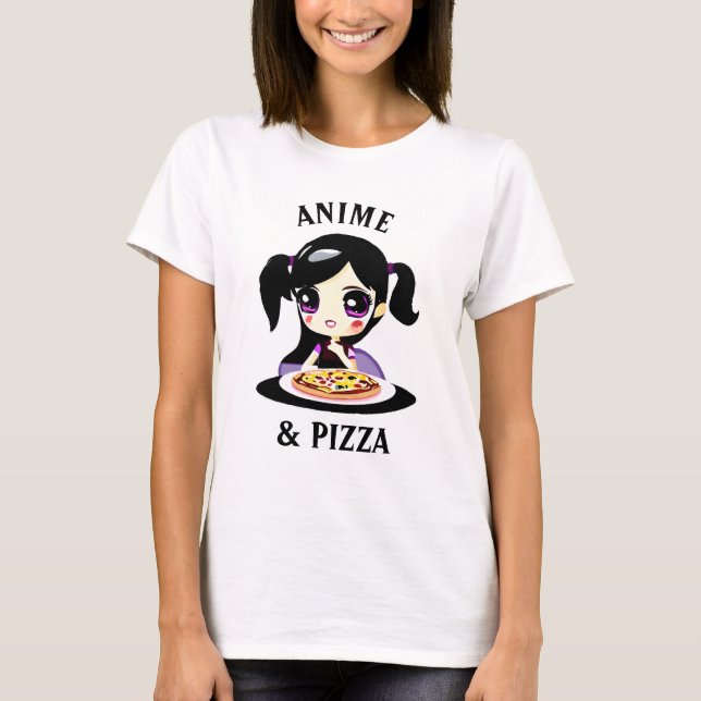 Tecknaden Anime och Pizza Black och Lila T Shirt (Framsida)