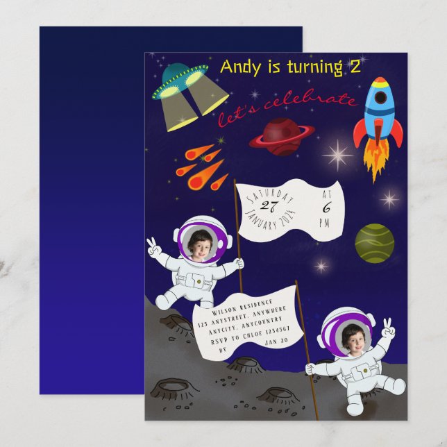 Tecknaden Astronaut för dagtid, Cute Birthday Spac Inbjudningar (Fram/baksida)