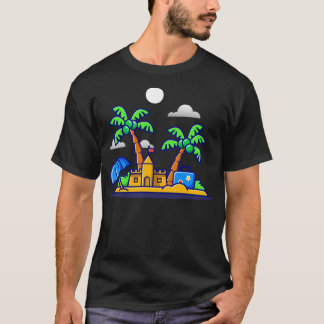 Tecknaden Beach Summer Sand Castle and Coconut Trä T Shirt