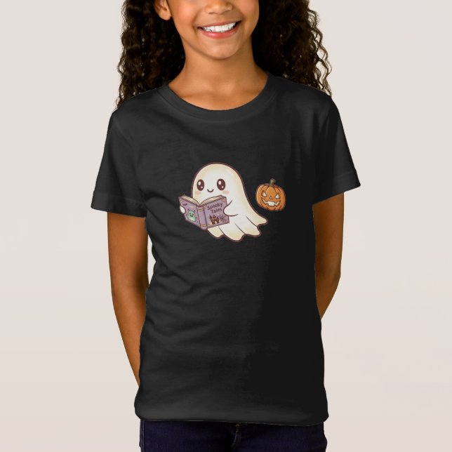 Tecknaden Cute Ghost Reading Spooky Bok Halloween T Shirt (Framsida)