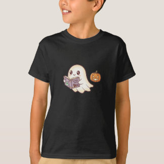 Tecknaden Cute Ghost Reading Spooky Bok Halloween T Shirt