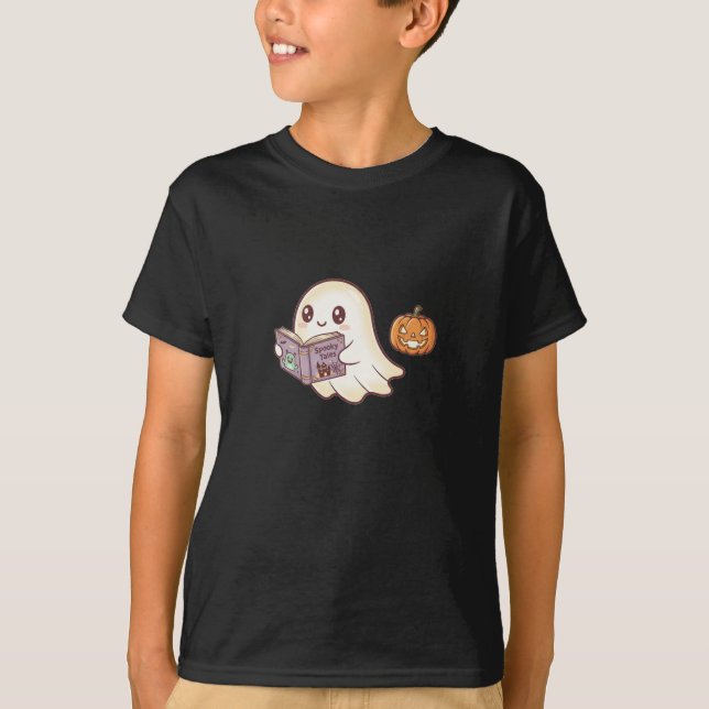 Tecknaden Cute Ghost Reading Spooky Bok Halloween T Shirt (Framsida)