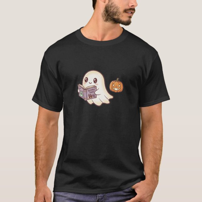 Tecknaden Cute Ghost Reading Spooky Bok Halloween T Shirt (Framsida)