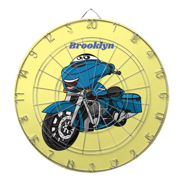 Tecknaden Cute lycklig blå motorcykel Darttavla (Framsidan)