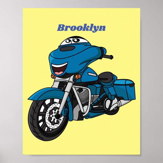Tecknaden Cute lycklig blå motorcykel Poster (Framsidan)