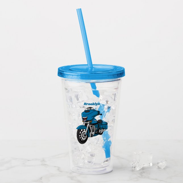 Tecknaden Cute lycklig blå motorcykel Take Away Mugg (Framsida Ice)