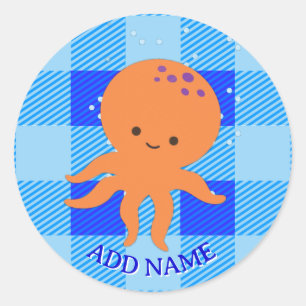 Tecknaden Cute Octopus Blue Play Custom Name Runt Klistermärke