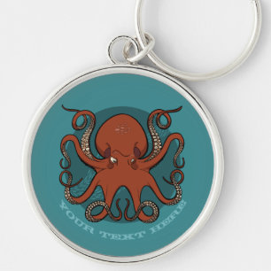 Tecknaden Fierce Red Octopus Tentacles med text Rund Silverfärgad Nyckelring